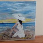 Vízpart, kalapos hölgy festmény 40x40 cm fotó