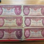 100 FORINT 1947, 49, 57, 60, 62, 68 egyben eladó ! sz+, beszakadások , ragasztás nyoma fotó