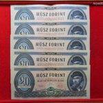 5 db SORSZÁMKÖVETŐ 20 FORINT 1960 !!! kiv-, egyetlen függőleges hajtás középen !!!! fotó