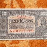 1923 -as 1000 Korona "kis alakú" bankó "Pénzjegynyomda nélkül" NYOLC FILLÉR felülb.Ritkább!! (L2634) fotó