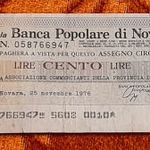 1976-os ITALY - 100 lire la Banca Popolare di Novara csekk!!! (L2975) fotó