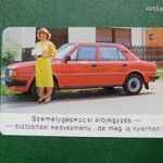 Kártyanaptár 1988. Takarékszövetkezet. Skoda személygépkocsi, autó, verda, veterán jármű, női modell fotó