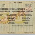 Pénzhelyettesítő, svájci utazási csekk Societé de banque Suisse, 500 s.frank, specimen. 8, 2x14, 8 cm. fotó