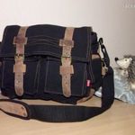 GoPlus csókafekete-umbrabarna vászon-valódi bőr sportosan messenger irattáska, crossbody táska fotó