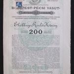 Budapest-Pécsi Vasút elsőbbségi részlet kötvény 200 forint 1889 fotó