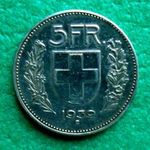 5 FRANK 1939 B SVÁJC EZÜSTPÉNZ 15 g. 835/1000 Ag. fotó