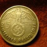 Német ezüst 5 márka 1938 A Hindenburg, nagy horogkereszttel 13.88 gramm 0.900 fotó