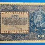 1919 -es POLAND - 100 Marek I. VILÁGHÁBORÚS vízjeles bankó !!! VF (L0266) fotó