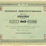 TEXTILHÁZ RT. - TEXTILHAUS A.G. Budapest, 100 részvény egyenként 60 P.-ről (5 Aktie ü/je 60 P.), No fotó