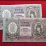 2db SORSZÁMKÖVETŐ 1000 PENGŐ 1943 UNC, naggyon enyhe papírránc fotó