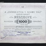 Csörsz utca 7. Számú Ház Szövetkezet részjegy 1000 pengő 1929 fotó