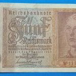 1942 -es GERMANY - 5 Reichsmark II. Világháborús horogkeresztes vízjeles bankó !! F (L0652) fotó