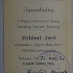 Földesi J: határőr, rendőr tábornok "Ságvári Endre Érem" kitüntetés igazolványa 1957 fotó