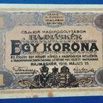 1916 -os HAJMÁSKÉR 1 korona "Hadifogoly-tábor pénz MS változat" RITKA !!!! EF(L1159) fotó