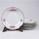 1V060 Rózsa mintás, aranyozott Hüttl porcelán süteményes tányér készlet 7 darab fotó