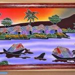 Indonéz batik vászonkép / festmény rattan keretben 75x43cm. fotó