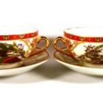 JELENETES JAPÁN ARANYOZOTT TOJÁSHÉJ PORCELÁN TEÁSCSÉSZE PÁR X fotó
