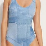 Calzedonia IM01777 Ibiza női egyrészes fürdőruha farmer mintás merevítő nélküli vékonyan párnázott S fotó