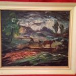 NAGYBÁNYAI JELLEGŰ VIHAROS TÁJ LOVASSZEKÉRREL 1947 55, 5x63, 5cm fotó