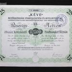 KÉVE Mezőgazdasági Iparfejlesztési és Hitelintézet részvény 25x500 korona 1923 fotó