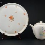 Gránit, porcelán nagy méretű tálca, teakiöntővel, jelzett, számozott, régi. fotó