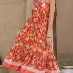 virágos piros hosszú viszkóz ruha kivágott hátú bohém maxi ruha L/XL (n) fotó