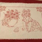 Régi hímzett, vászon konyhai falvédő bájos jelenettel, 80x52 fotó
