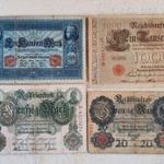 1910-es birodalmi márka sor: 20-tól 1000-ig (VF-F) – Német császárság | 4 db bankjegy fotó