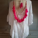 kivágott hátú pink rojtos bojtos fehér áttetsző blúz tunika strandruha UK14 (L) (42/44) fotó