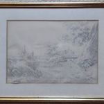 TELEPY KÁROLY (1828 - 1906): Tájkép, ceruzarajz, szignált! 20x29 cm.Űvegezett fa keretben. fotó