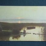 Képeslap, Balaton part, táj, csónak, horgász, naplemente látkép, részlet, 1966- fotó
