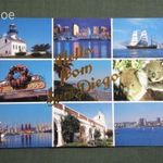 Képeslap, USA, Hello From San Diego California, kikötő, világítótorony, koala, vitorlás hajó, 1980- fotó