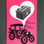 Kártyanaptár, VBKM akkumulátor szárazelemgyár, Budapest, Miskolc, Pécs, grafikai, veterán autó, 1969 (1) fotó