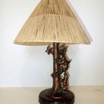 Régi retró vintage bronzírozott spiáter figurális asztali lámpa fém fa raffia ernyő rafia búra fotó