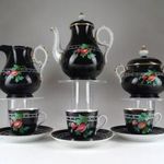1C318 Antik három személyes fekete színű virágdíszes porcelán teáskészlet fotó