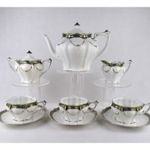 1V061 Antik zöld-arany mintás három személyes jelzetlen szecessziós porcelán teáskészlet 9 darab fotó