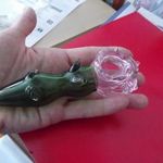 Mutatós üveg levélnehezék támasztó finom kézi munka fejnél gyertyatartó kialakítás 14 cm fotó