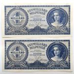 2 DARAB HASZNÁLT 1946-OS 1 MILLIÁRD MILPENGŐ BANKJEGY (XF) (A091) fotó