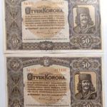2 DARAB HASZNÁLT 1920-AS 50 KORONA BANKJEGY (VF++) (A085) fotó