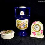 KIS PORCELÁN HÁZAS ÓRA , BONBONIER ÉS VÁZA ... 3 DB EGYBEN X fotó