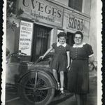 Kislány Harley-Davidson oldalkocsis motorkerékpáron, üveges, képkeretező műhely előtt, jármű, köz... fotó