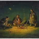 1V312 Régi jelzett kisméretű olaj festmény : Vacsora a pusztán fotó