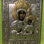 MÉRETES ANTIK VÉSETT ÉS MINTÁZOTT FÉM BORÍTÁSÚ IKON, ÁHÍTATÓS SZŰZMÁRIA ARC, KÉZ TÜKÖR OLAJ FESTMÉNY fotó