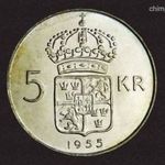 1955 TS Svédország VI. Gustaf hatalmas ezüst 5 korona! Gyönyörű patinás állapot! Ritkább! KM#?829 fotó