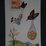 Képeslap, Iskolai takarékbélyeg gyűjtés, grafikai rajzos, Samu Józsefné, lepke bélyeg labdára, 1950- fotó