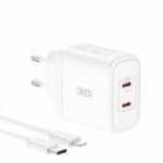 XO CE08 hálózati töltő 2xUSB-C csatlakozással + USB-C - Lighning kábellel PD 50W - fehér fotó