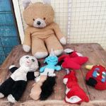 6 db retro játék figura plüss játék mókus papagáj nyúl róka panda hupikék törp használt plusz 1 maci fotó