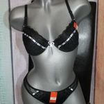 Fekete, fehér szalagos csipkés fehérnemű szett. Melltartó + tanga bugyi. 75-80/ B. Új! (Vi) fotó