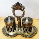Antik ezüstműves ritkaság. Asztali ezüstözött só-bors szóró páros tartóval együtt fotó