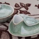 Hollóházi retro zöld buborékos lüsztermázas porcelán dohányzó szett fotó